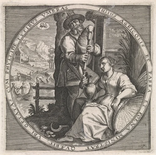 Juli: doedelzakspeler en vrouw met kruik by anonymous, print, 1574-1687
