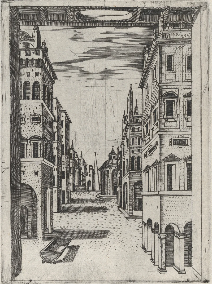 Design for a Stage Set Depicting a Perspectival View of an Ideal Renaissance City by anonymous, print, 1545-1555