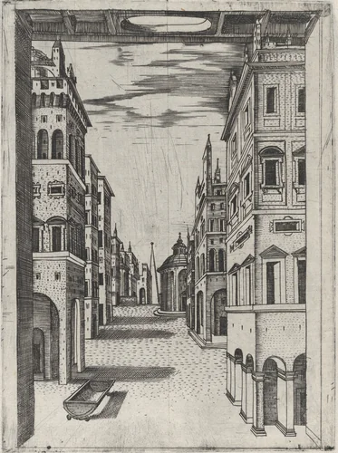 Design for a Stage Set Depicting a Perspectival View of an Ideal Renaissance City by anonymous, print, 1545-1555