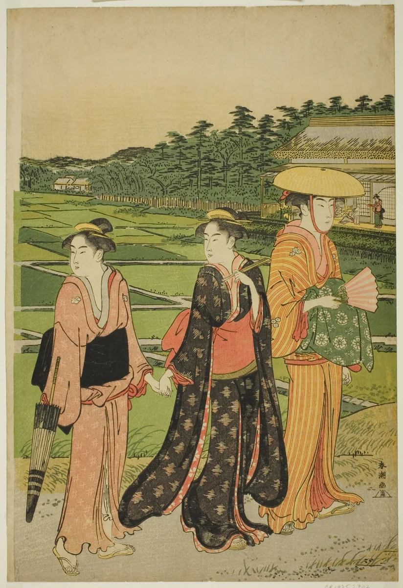 Three Women near Rice Paddies by Katsukawa Shuncho, print, 1775-1806