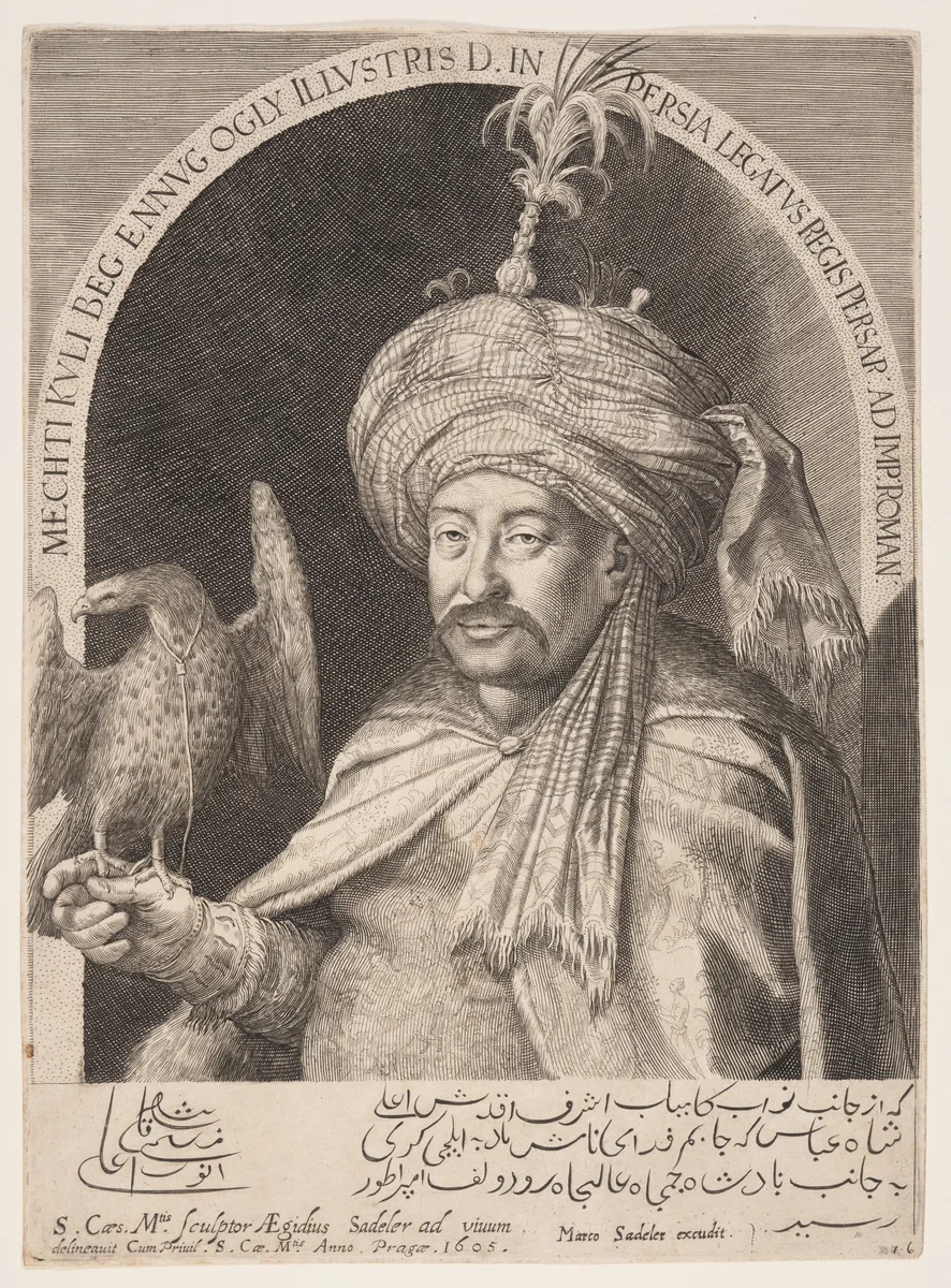 Mechti Kuli Beg (Mehdi Quli Beg), Persian Ambassador in Prague by Aegidius Sadeler, print, 1605