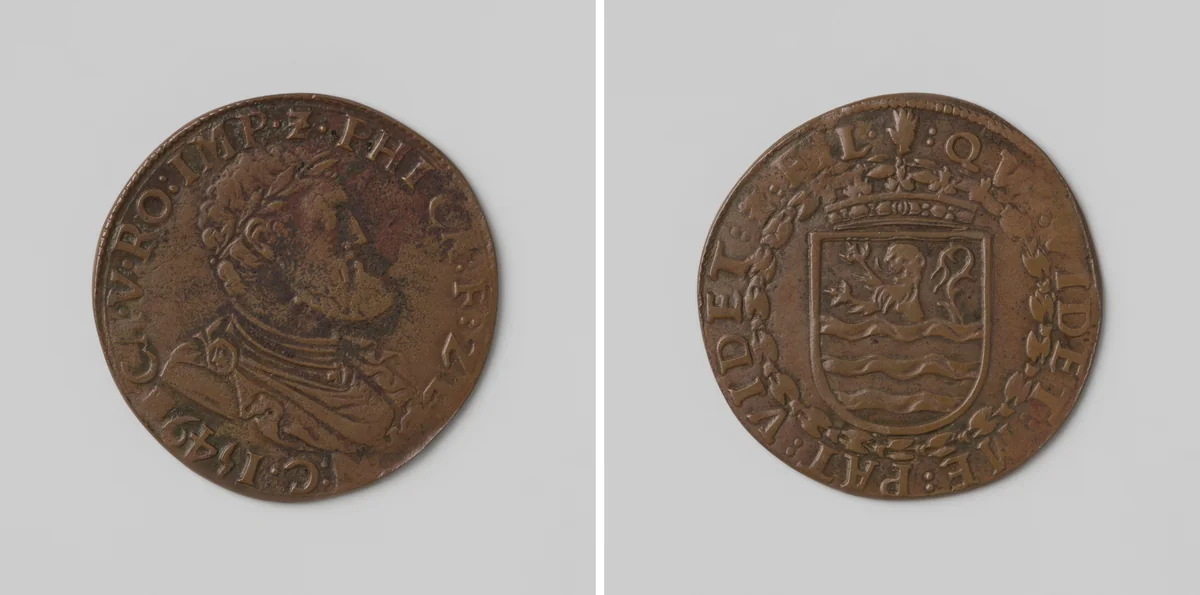 Filips, erfprins van Spanje, ingehuldigd als graaf van Zeeland, ter ere van Karel V, Duits keizer by anonymous, metalwork, 1549