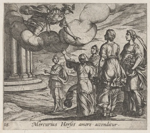 Plate 18: Mercury Falling in love with Herse (Mercurius Herses amore accenditur), from Ovid's 'Metamorphoses' by Antonio Tempesta, print, 1606