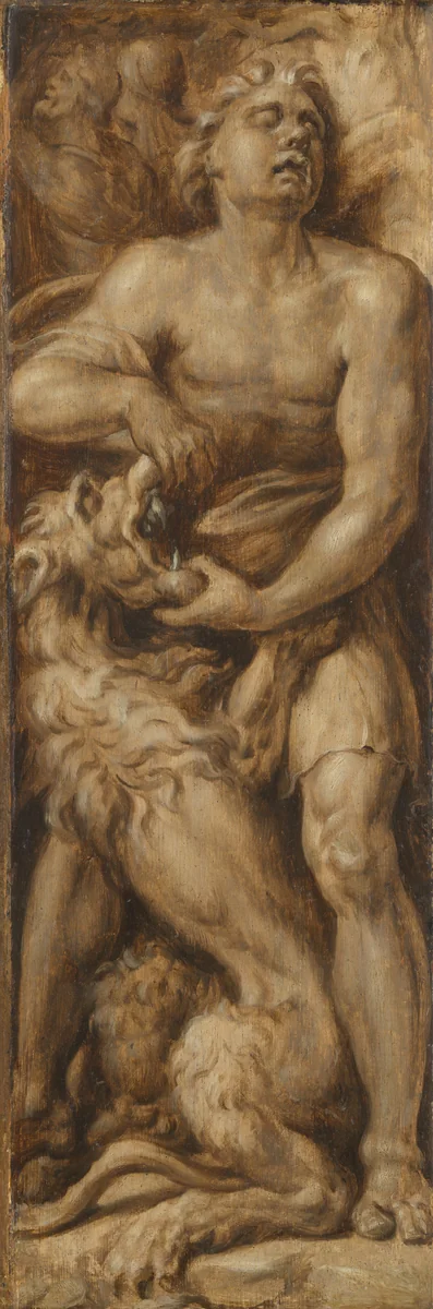 Triomf over het kwaad: Simson verscheurt de leeuw | Pluto en Cerberus by Maarten van Heemskerck, painting, 1550-1560