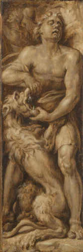 Triomf over het kwaad: Simson verscheurt de leeuw | Pluto en Cerberus by Maarten van Heemskerck, painting, 1550-1560
