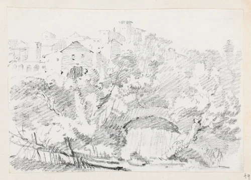 A Waterfall near a Hilltown in Italy by Joseph-Marie Vien, drawing, 1744-1750