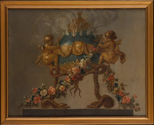 Perfume-burner supported by amorini and serpents and garlanded with flowers by French Painter, painting, 1700-1799