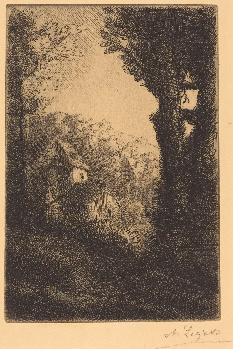 Farm on a Hillside in Sunlight (La ferme du coteau; Effet de soleil sur le coteau) by Alphonse Legros, print, 1837-1911