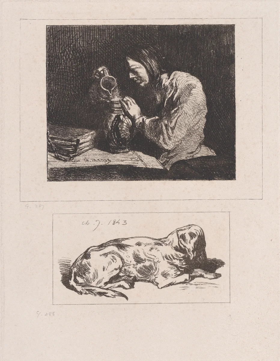 Bust of a Man (a) and Sleeping Dog (b) by Charles Jacque, print, 1843