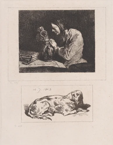 Bust of a Man (a) and Sleeping Dog (b) by Charles Jacque, print, 1843
