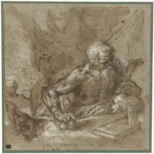 Heilige Hieronymus met crucifix by Unknown, drawing, 1500-1620