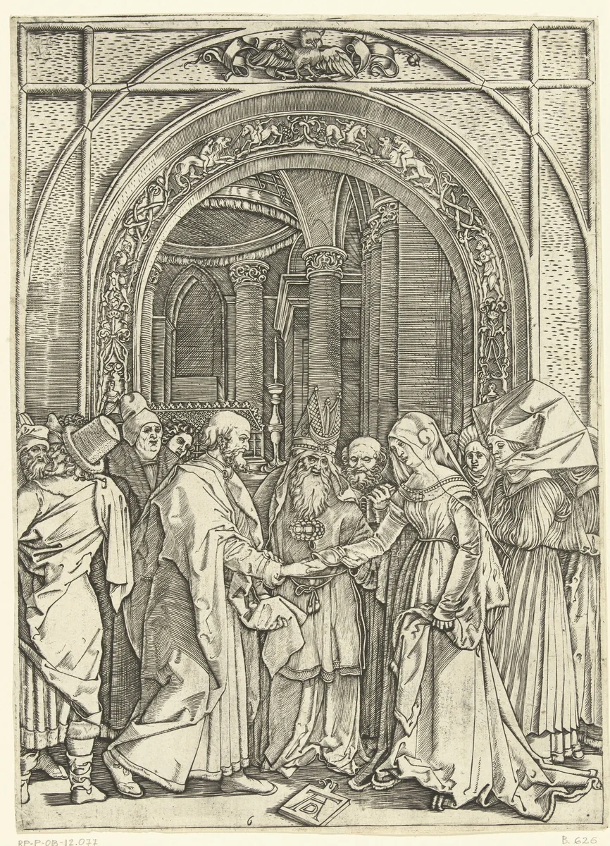 Huwelijk van Maria en Jozef by Marcantonio Raimondi, print, 1510-1515