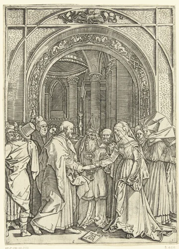 Huwelijk van Maria en Jozef by Marcantonio Raimondi, print, 1510-1515