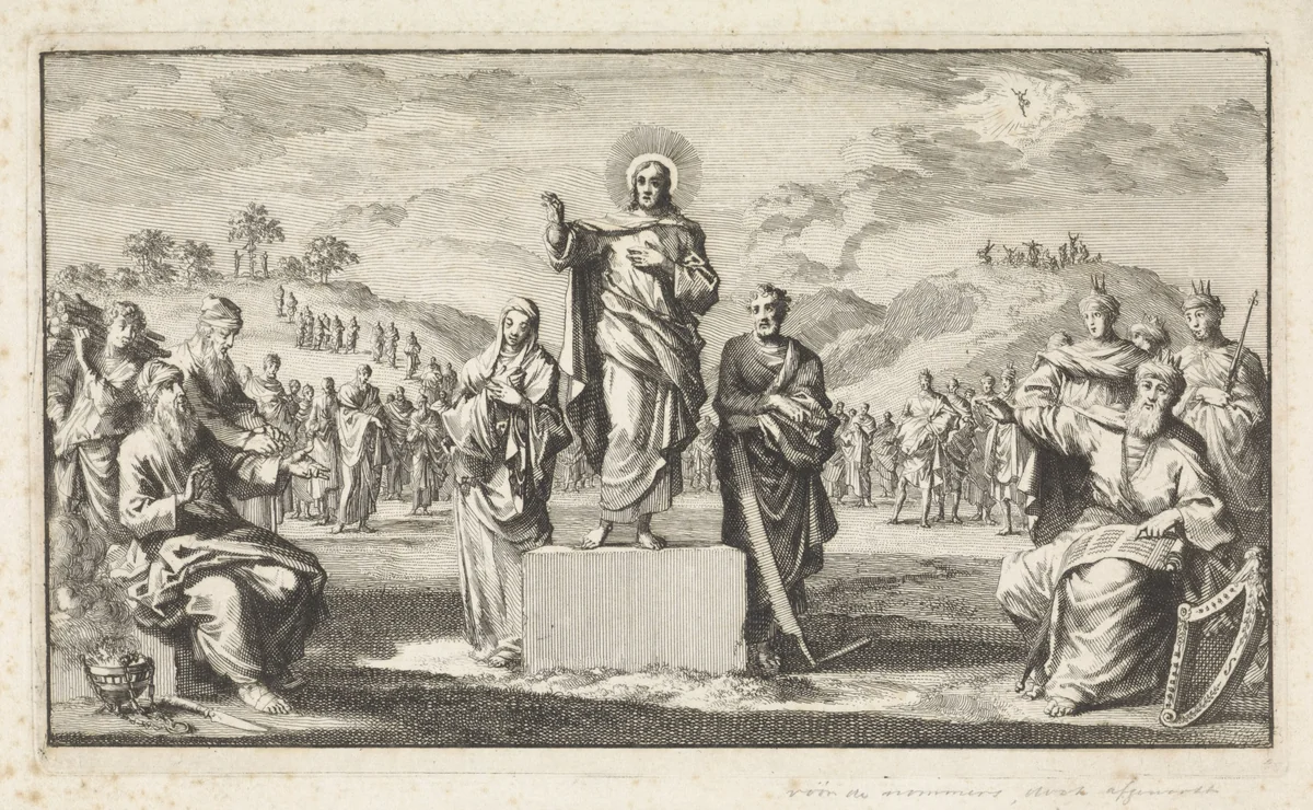 Christus op een voetstuk met rondom zijn voorvaderen by Jan Luyken, print, 1700