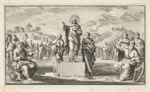 Christus op een voetstuk met rondom zijn voorvaderen by Jan Luyken, print, 1700