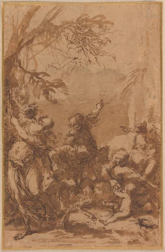 The Nurturing of Jupiter by Salvator Rosa, painting, 1635-1673