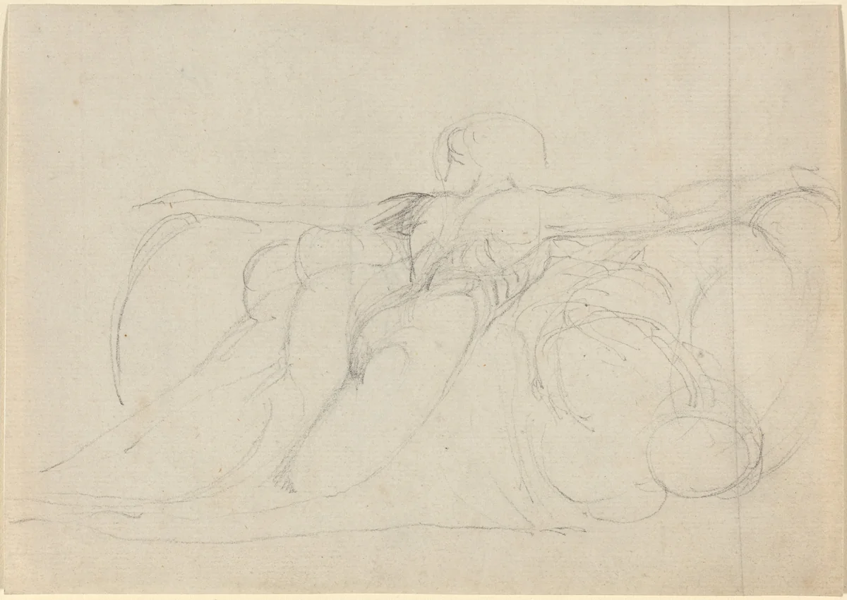 A Man Seen from Behind, Rising on Clouds by William Blake, drawing, 1794