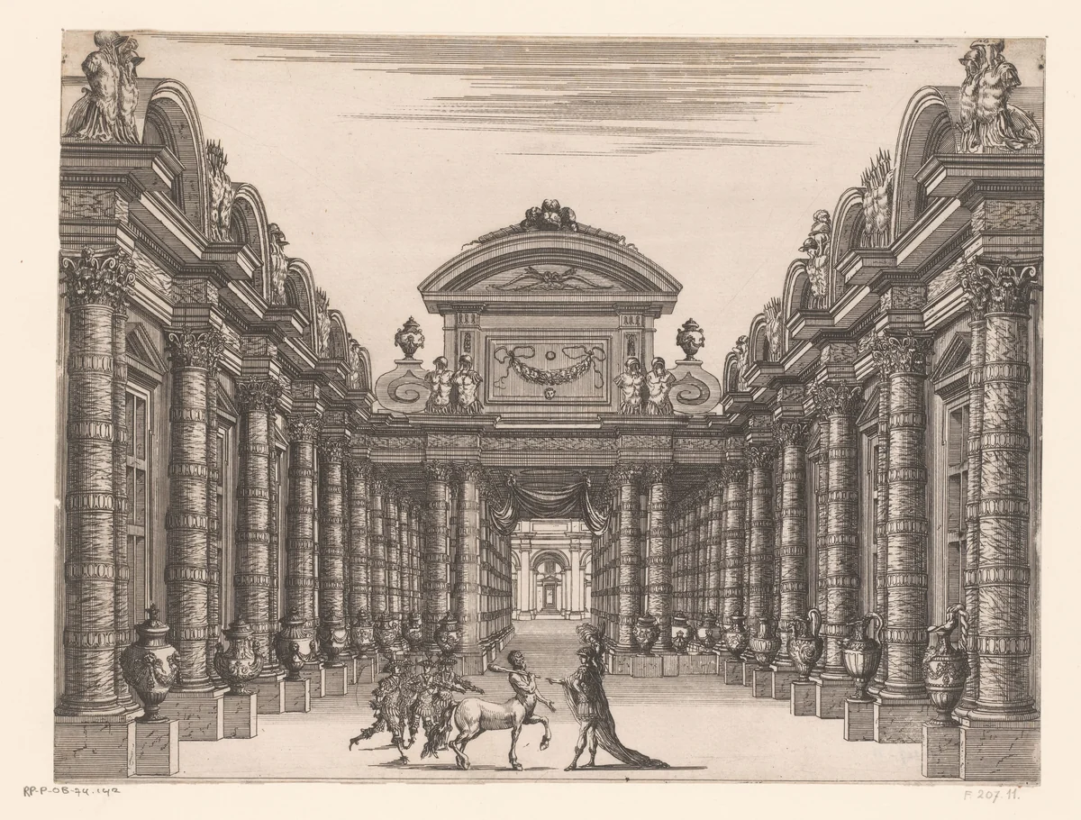 Toneeldecor met dansers en centaur in zuilengalerij by Israël Silvestre, print, 1654