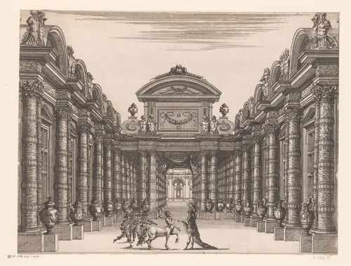 Toneeldecor met dansers en centaur in zuilengalerij by Israël Silvestre, print, 1654