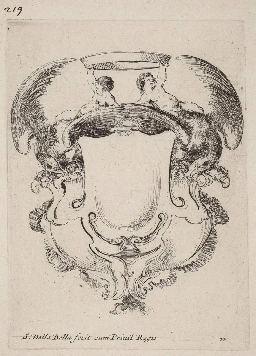 Cartouche with Eagles and Two Infants Holding a Crown by Stefano della Bella, print, 1647