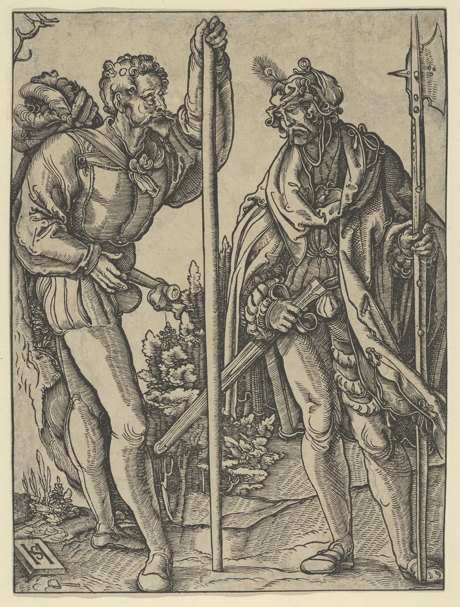 Two Soldiers with Lance and Halberd Conversing by Hans Schäufelein, print, 1510-1520