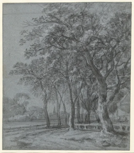 Pad met bomen langs het omheinde erf van een huis by Simon de Vlieger, drawing, 1610-1653