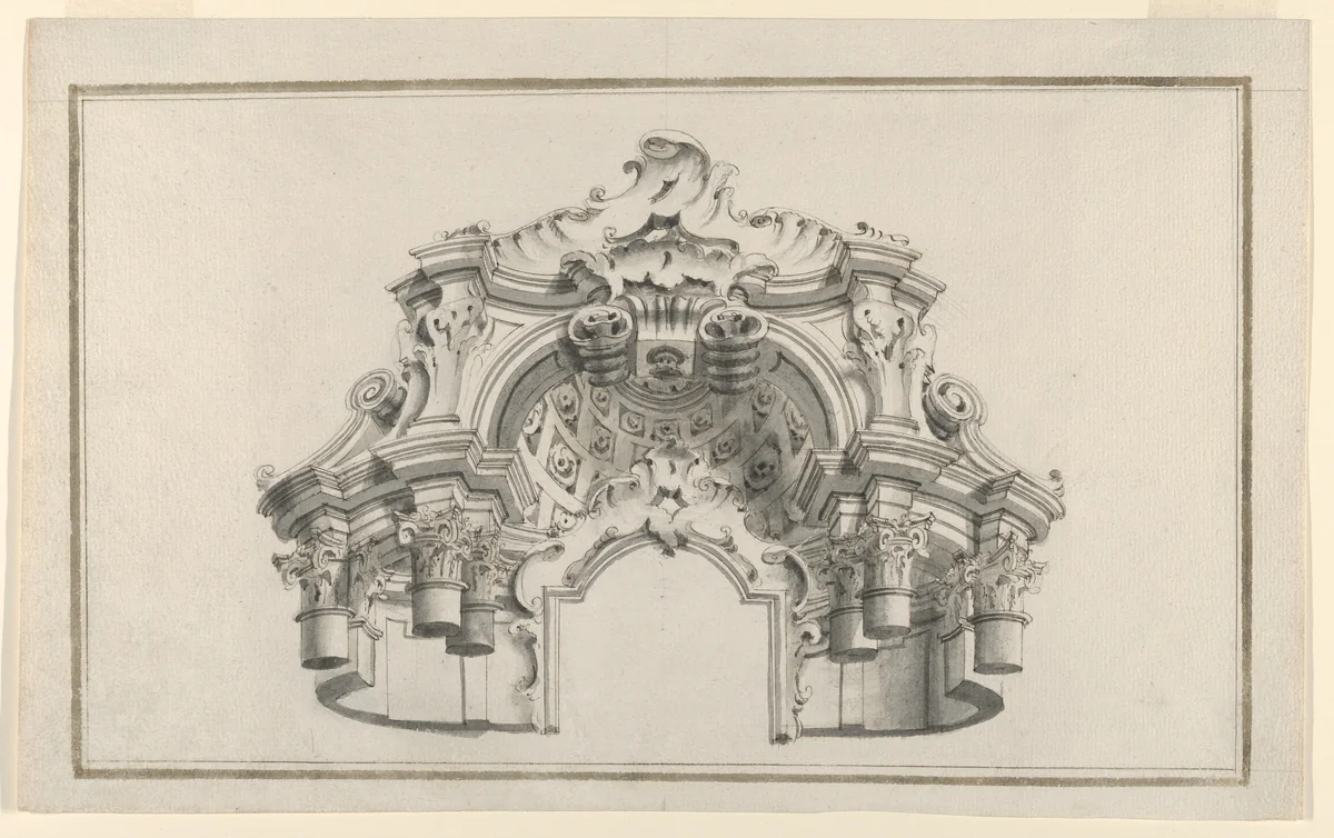 Perspectival View of the Top Half of an Altar or Portal by anonymous, drawing, 1725-1765
