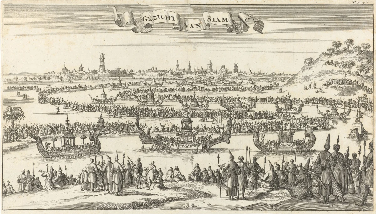 Landscape in Siam with Boats by Jan Luyken, print, 1687