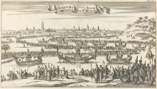 Landscape in Siam with Boats by Jan Luyken, print, 1687