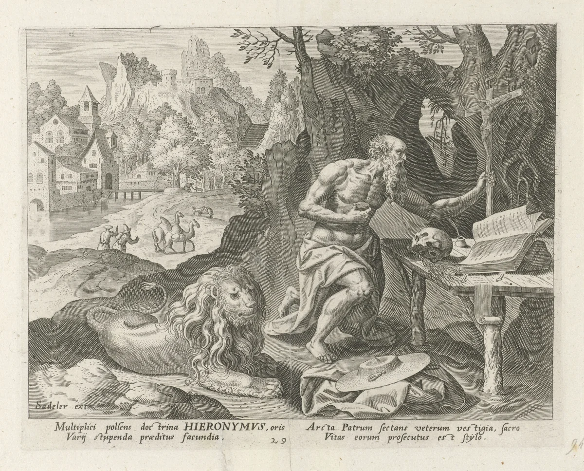 Kerkvader Hiëronymus als kluizenaar by Johann Sadeler, print, 1583-1588