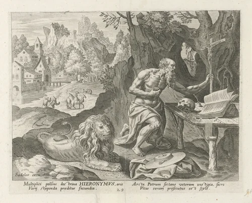 Kerkvader Hiëronymus als kluizenaar by Johann Sadeler, print, 1583-1588