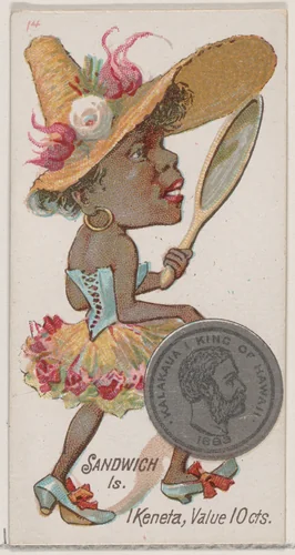 Caricatured figure from the Sandwich Islands, 1 Keneta, from the series Coins of All Nations (N72, variation 1) for Duke brand cigarettes by W. Duke, Sons & Co., print, 1889
