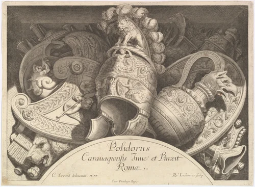 Plate from "Divers Trophées" (Weapon Trophies after the Façade of Palazzo Milesi in Rome) by Polidoro da Caravaggio, print, 1651