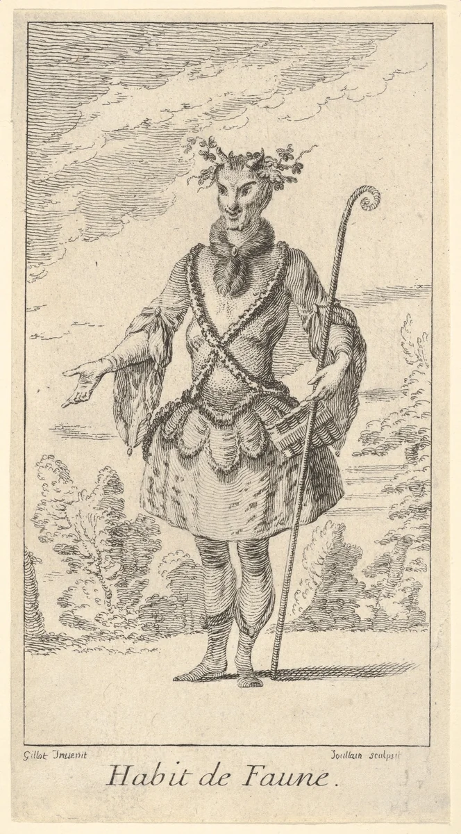 Habit de Faune: a faun wearing a tonnelet with a flute attached, a cane in his right hand and vines around his horns, from "New designs for costumes" (Nouveaux desseins d'habillements à l'usage des balets operas et comedies) by François Joullain, print, 1716-1726