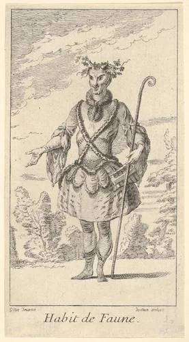 Habit de Faune: a faun wearing a tonnelet with a flute attached, a cane in his right hand and vines around his horns, from "New designs for costumes" (Nouveaux desseins d'habillements à l'usage des balets operas et comedies) by François Joullain, print, 1716-1726