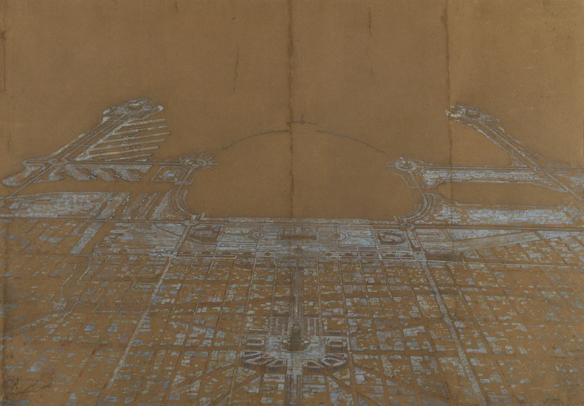 Plate 137 from The Plan of Chicago, 1909: Chicago. View of the Proposed Development in the Center of the City, from Twenty-Second Street to Chicago Avenue, Looking Towards the East Over the Civic Center to Grant Park and Lake Michigan by Daniel Hudson Burnham, painting, 1907