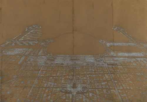 Plate 137 from The Plan of Chicago, 1909: Chicago. View of the Proposed Development in the Center of the City, from Twenty-Second Street to Chicago Avenue, Looking Towards the East Over the Civic Center to Grant Park and Lake Michigan by Daniel Hudson Burnham, painting, 1907