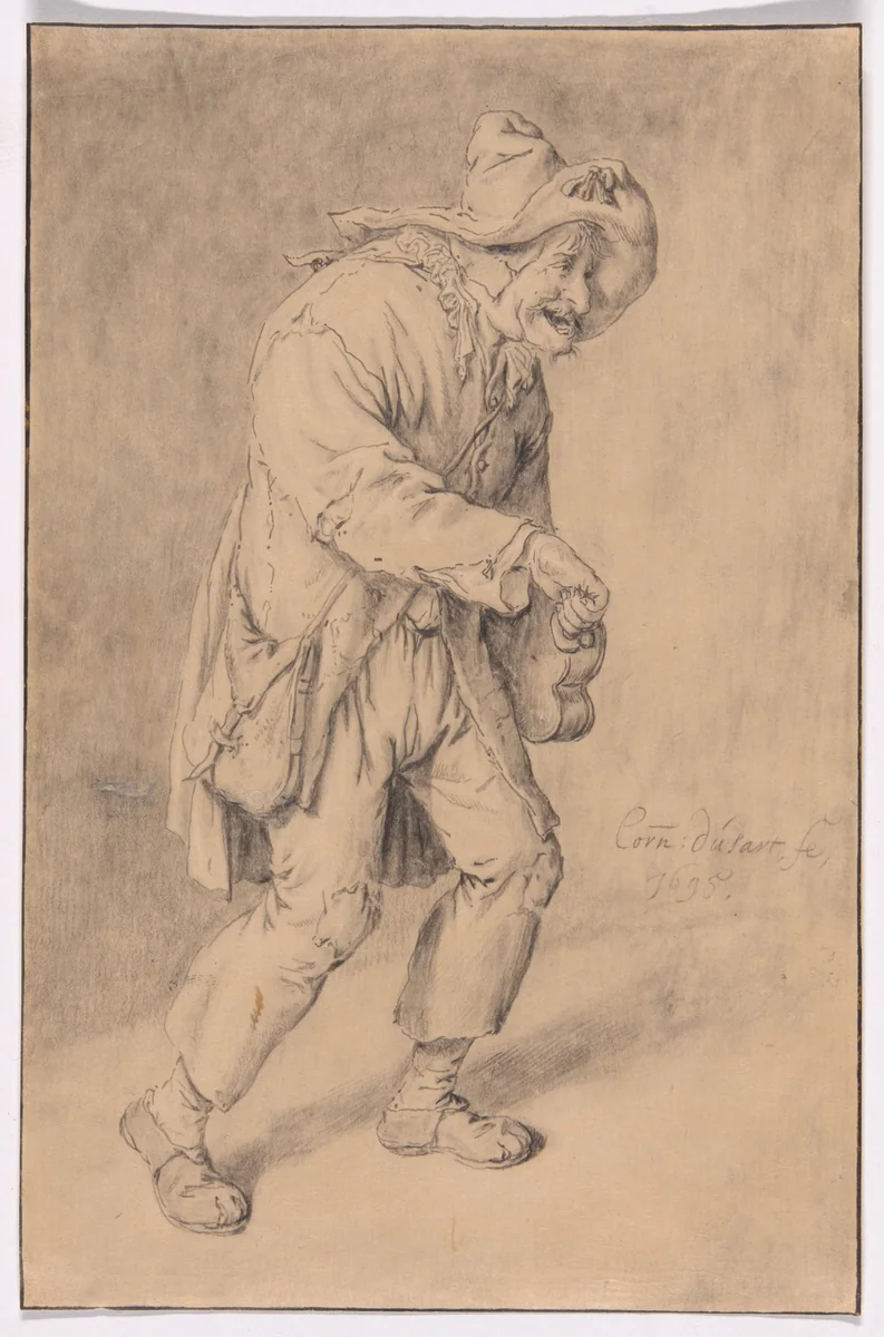 Hurdy-Gurdy Player by Cornelis Dusart, drawing, 1695