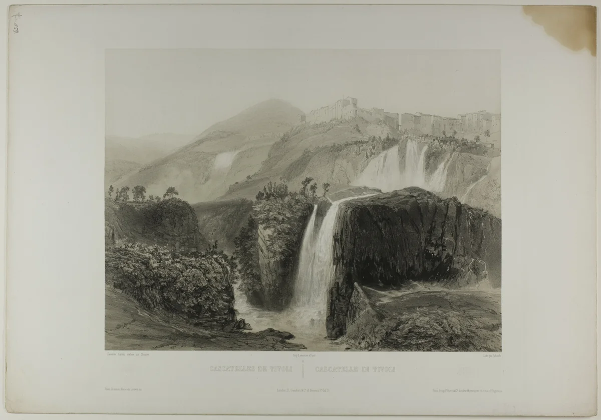 Waterfalls of Tivoli, plate eighteen from Italie Monumentale et Pittoresque by Nicolas Chapuy, print, 1843-1853