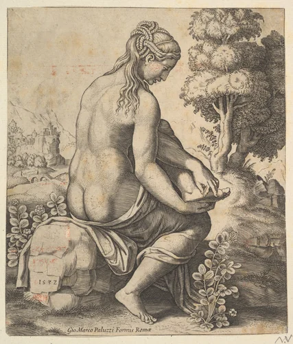 Venus removing a thorn from her foot by Master of the Die, print, 1532