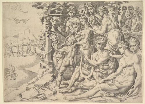 Apollo and the Muses by Maarten van Heemskerck, print, 1549