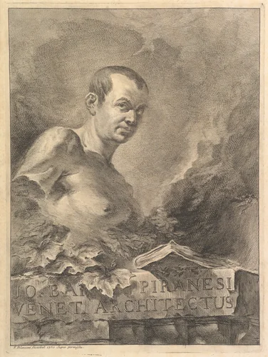 Portrait of G.B. Piranesi in imitation of an antique bust, from "Opere varie di Architettura, prospetive, grotteschi, antichità; inventate, ed incise da Giambattista Piranesi Architetto Veneziano" (Various Works of Architecture, perspectives, grotesques, and antiquities, designed and etched by Giambattista Piranesi, Venetian Architect) by Francesco Polanzani, print, 1750