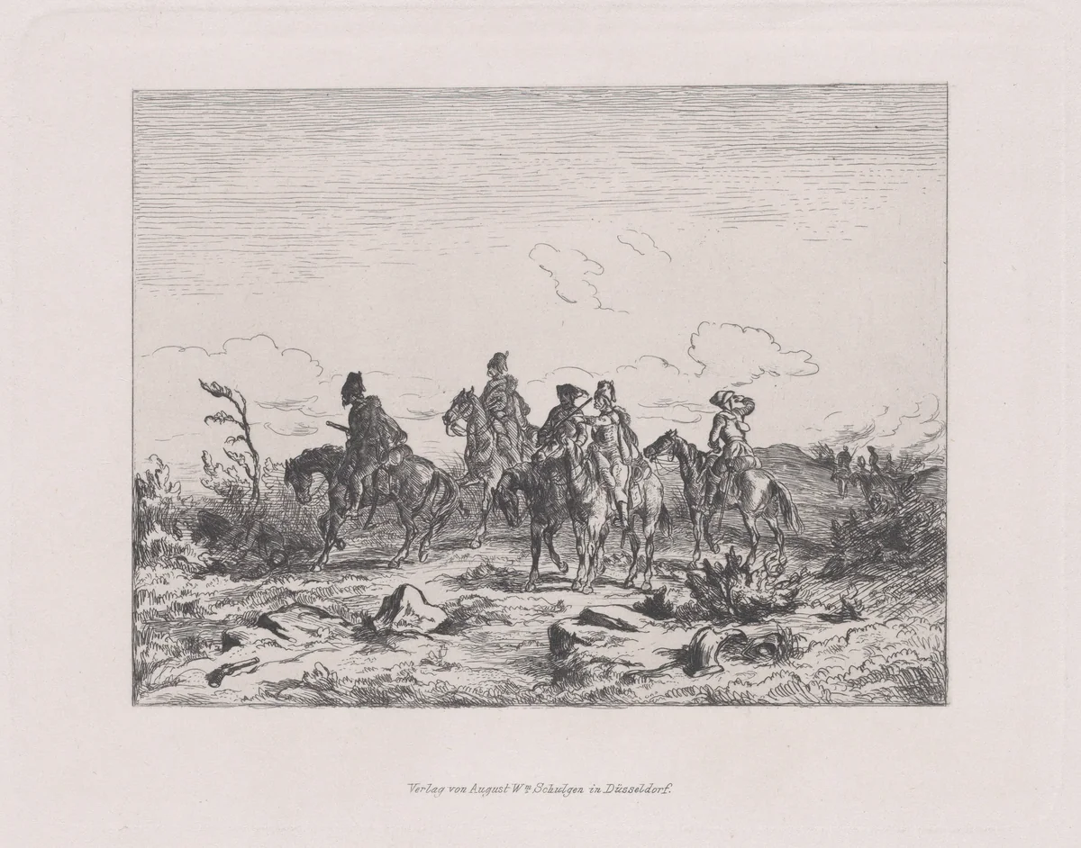 Military scene with five men on horseback by August Beck, print, 1835-1865