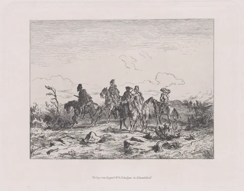 Military scene with five men on horseback by August Beck, print, 1835-1865