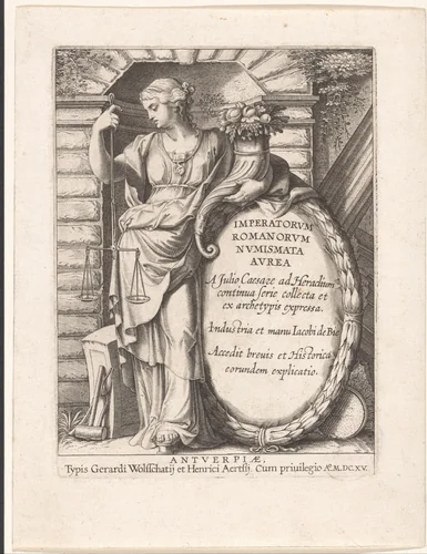 Juno Moneta met weegschaal en hoorn des overvloeds staat voor nis bij schild met titel by Unknown, print, 1591-1615