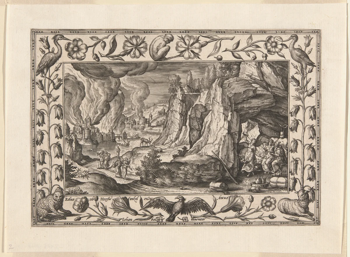 Lot and His Daughters, from Landscapes with Old and New Testament Scenes and Hunting Scenes by Adriaen Collaert, print, 1584