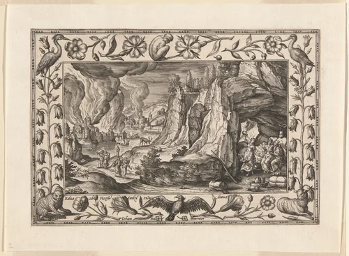 Lot and His Daughters, from Landscapes with Old and New Testament Scenes and Hunting Scenes by Adriaen Collaert, print, 1584