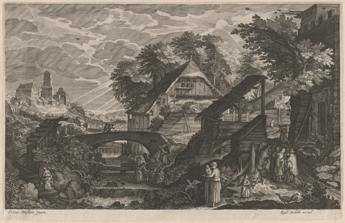 Farm Houses by a River with a City Beyond by Aegidius Sadeler II; Pieter Stevens, print, 1610-1615