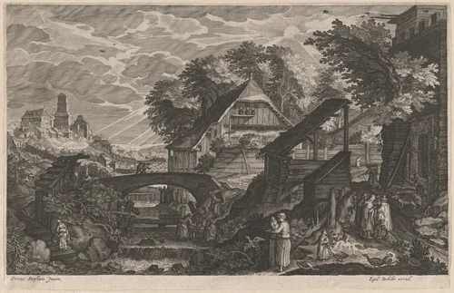Farm Houses by a River with a City Beyond by Aegidius Sadeler II; Pieter Stevens, print, 1610-1615