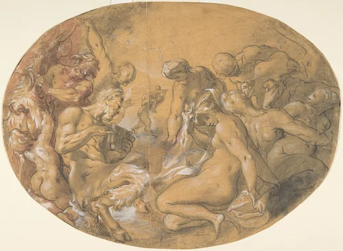 Satyrs and Nymphs; verso: partial counterproof of Heintz's "Studies for the Flight into Egypt" in The Courtauld Gallery, London by Joseph Heintz, drawing, 1594-1604